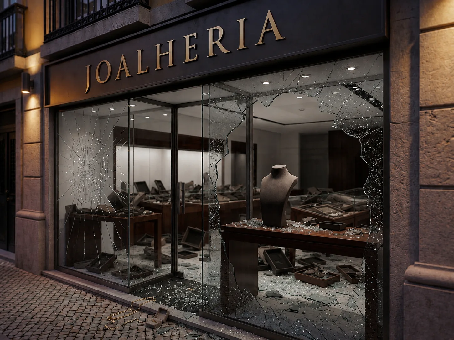 Joalheria com vitrines quebradas após invasão